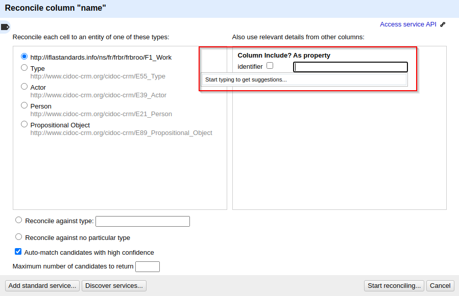 To reconcile by property, nagivate to the right side of the window and under Column Include? As property, next to identifer add your desired values. As you type, suggestions may come up.